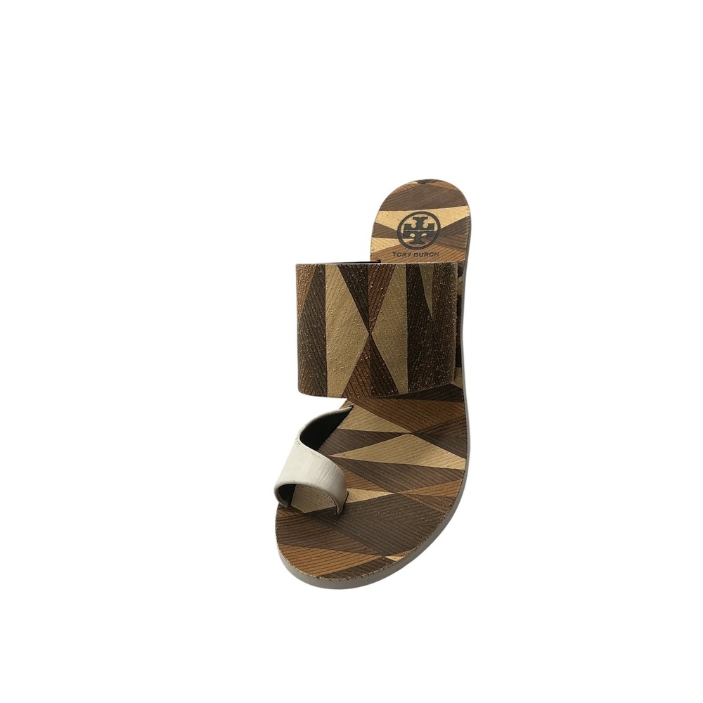 Tory Burch Geometric Marquetry Block Heel Sandals Brown White Leather 7.5M - Picture 10 of 10
